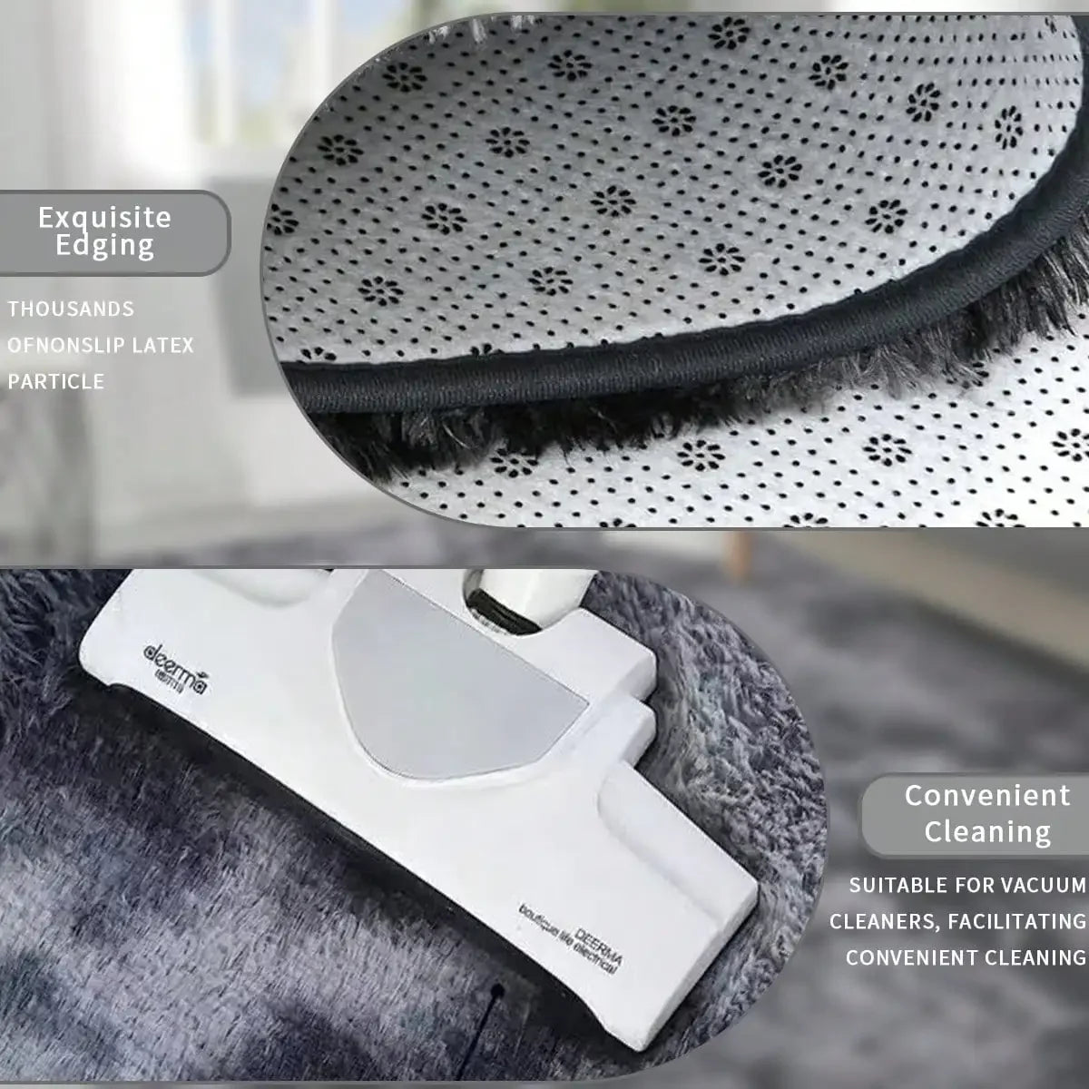 A white vacuum cleaner attachment is shown resting on a gray plush area rug.