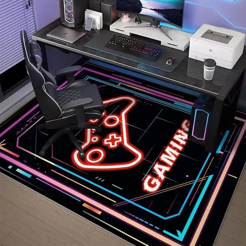 A gaming setup featuring a black chair, computer monitor, keyboard, and a neon hexagon area rug with glowing lines.