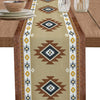 Bohemian linen table runner featuring an Indian-inspired geometric print in brown, cream, and blue tones.