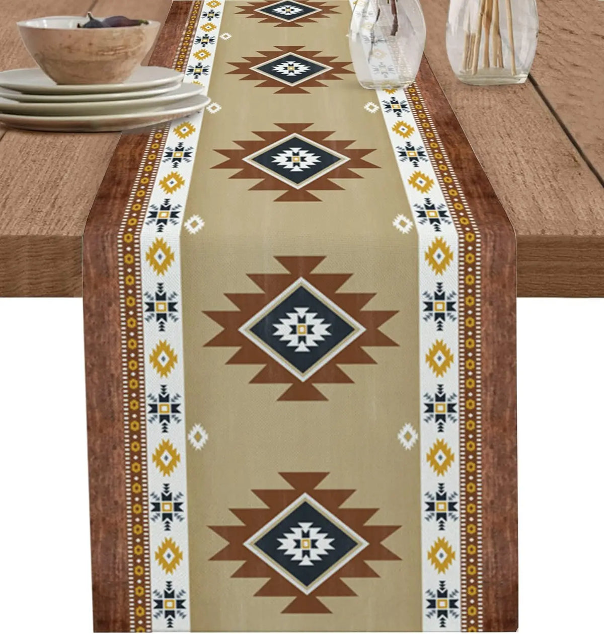 Bohemian linen table runner featuring an Indian-inspired geometric print in brown, cream, and blue tones.