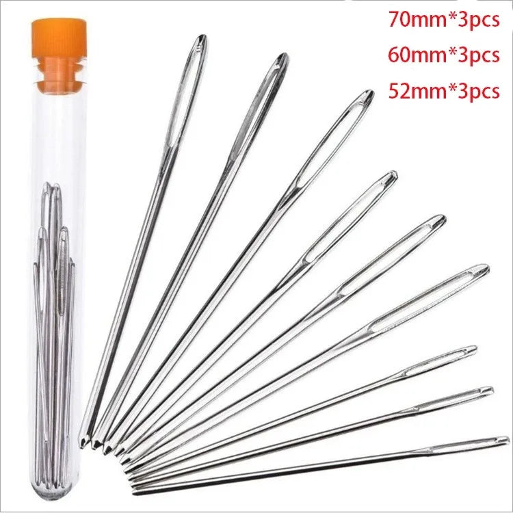 Stainless steel hand sewing needle kit with various sizes including 70mm, 60mm, and 52mm needles.