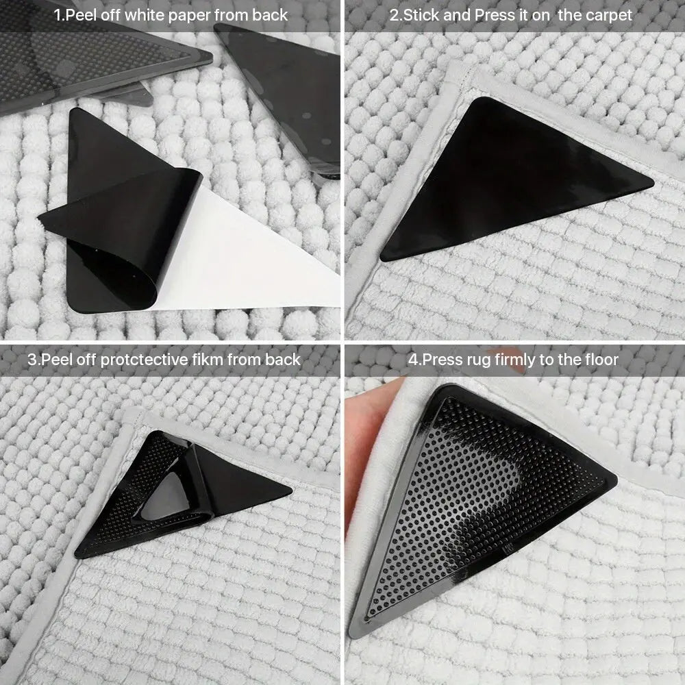 Step-by-step instructions showing how to install non-slip carpet grippers on a floor.