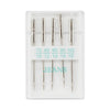 A plastic case containing a set of precision sewing machine needles with various sizes.