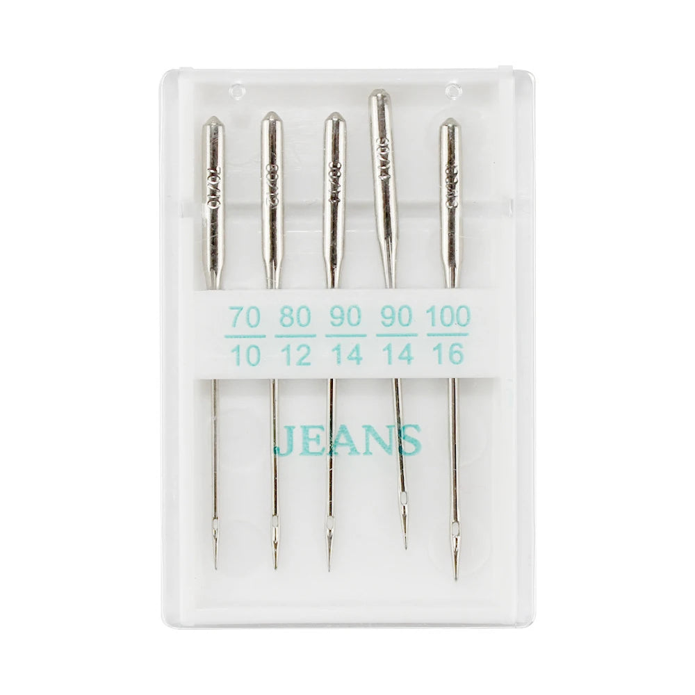 A plastic case containing a set of precision sewing machine needles with various sizes.