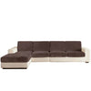 A modern, sectional sofa featuring dark brown plush seat cushions and cream-colored fabric.