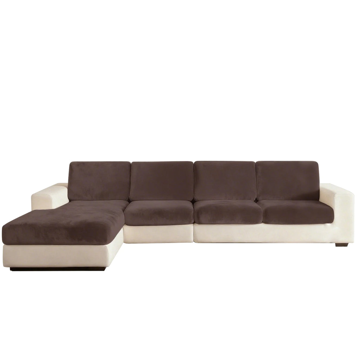 A modern, sectional sofa featuring dark brown plush seat cushions and cream-colored fabric.