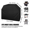 Black heavy duty waterproof BBQ grill cover shown with various grill sizes for fit reference