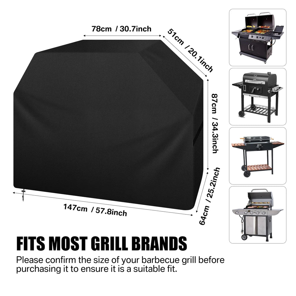 Black heavy duty waterproof BBQ grill cover shown with various grill sizes for fit reference