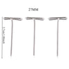 Three stainless steel T-pins measuring 27mm in length for wig making or knitting.