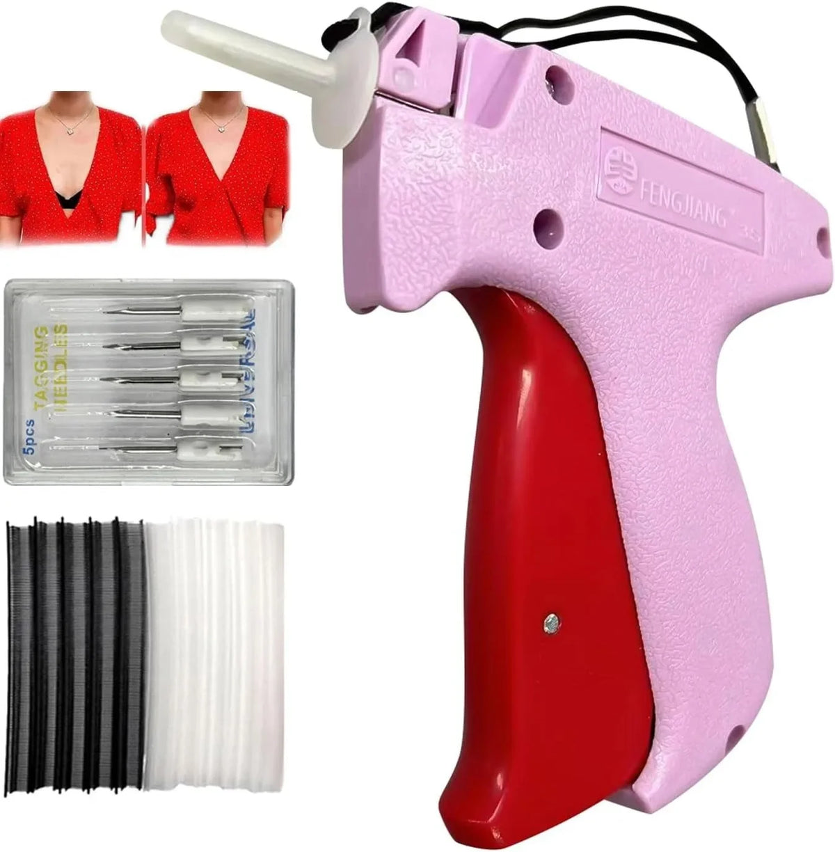 A pink micro stitching gun with a white needle and red grip, shown next to various sewing needles.