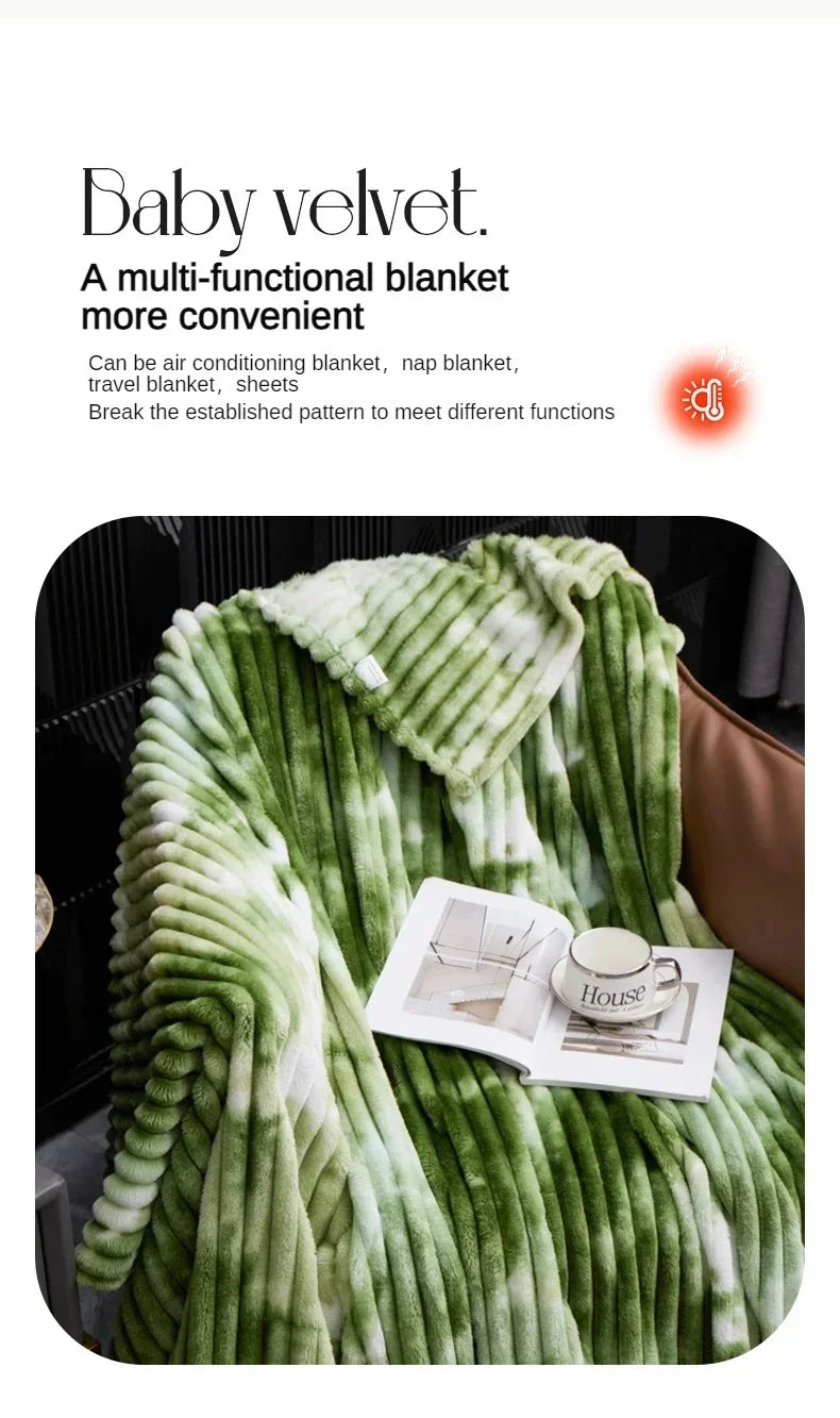 A green and white striped multi-functional blanket draped over a surface.