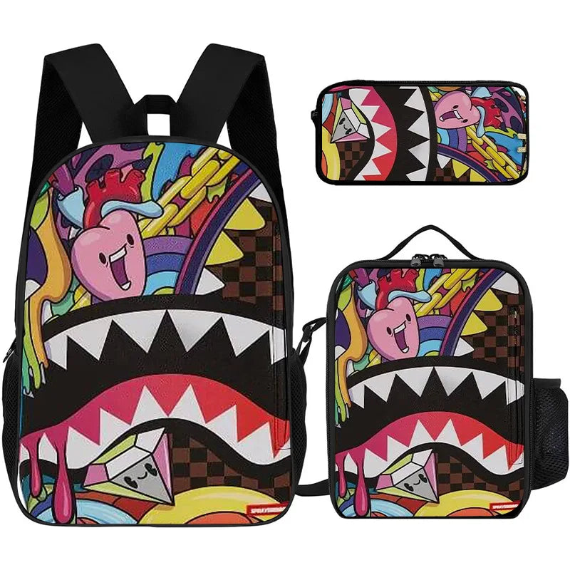 A set of black graphic print backpacks featuring colorful dinosaur or monster faces and patterns.