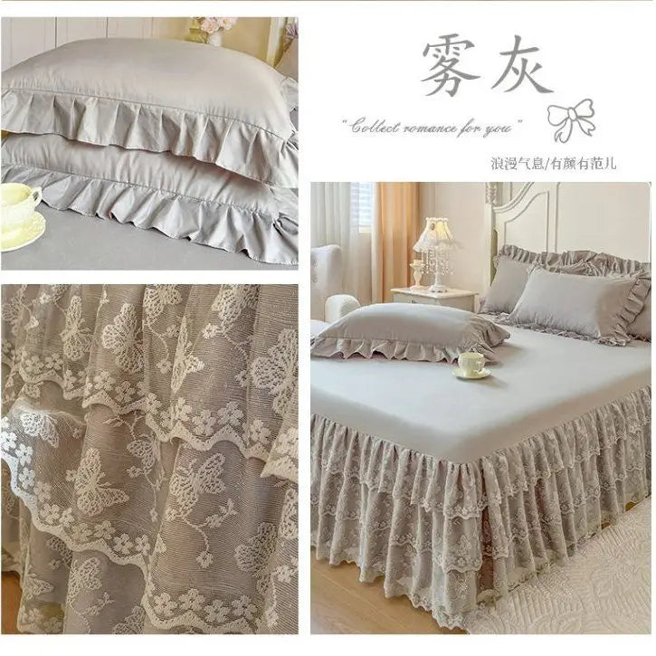 A set of lace ruffled bed skirts in a beige color with delicate floral embroidery.