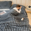 A gray fluffy blanket is draped over a bed, emphasizing deep sleep and skin friendly features.