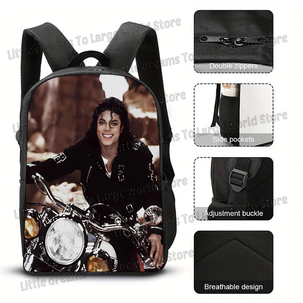 Black backpack featuring a motorcycle theme with a person riding a bike and various accessory details.