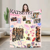 A pink blanket featuring various photos and graphics related to K-Pop and the word KATSEYE