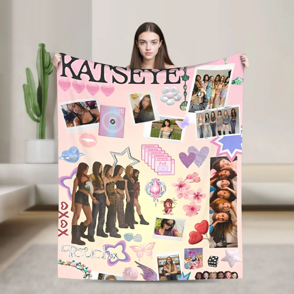 A pink blanket featuring various photos and graphics related to K-Pop and the word KATSEYE