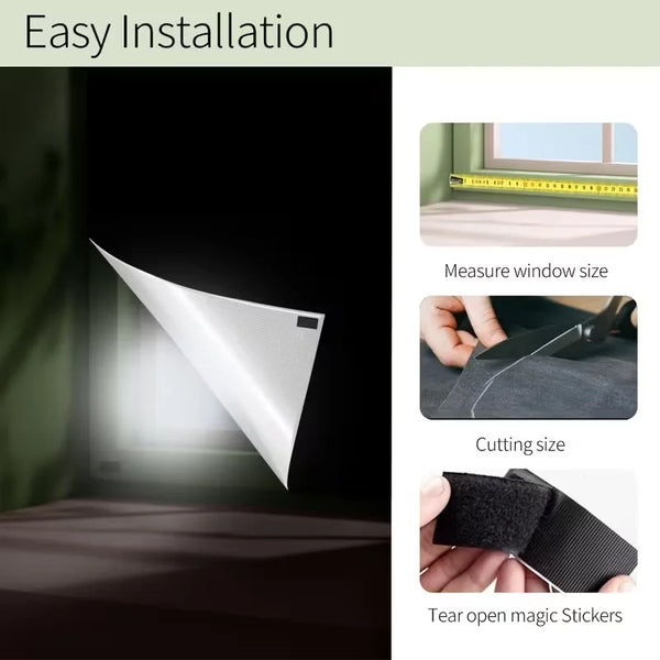 A white magnetic sticker is shown being used to measure and cut a window size for easy installation.