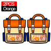 Two orange cartoon birthday and party goodie bags with colorful candies inside