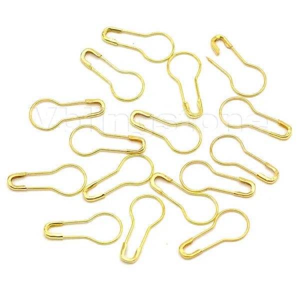 A collection of gold-colored gourd-shaped locking safety pins for knitting and sewing.