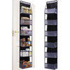 A tall, black foldable over-the-door storage organizer with multiple compartments for organizing various items.