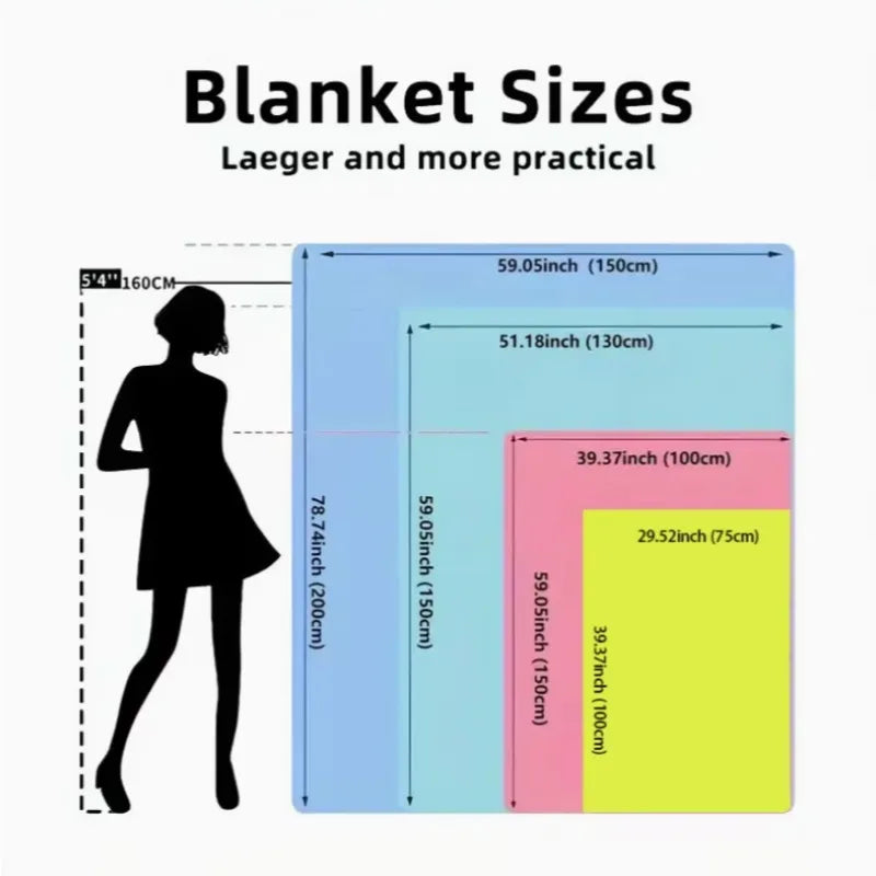 Diagram showing various blanket sizes including 5'4' and different dimensions in inches and centimeters.