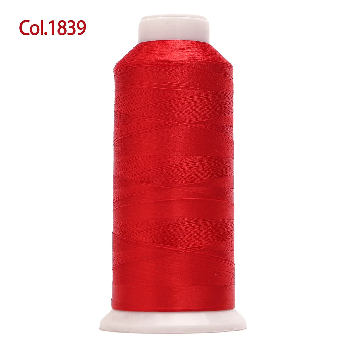 A spool of bright red high tenacity machine embroidery thread labeled Col.1839.