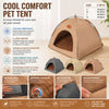 A tan pet tent with a mesh entrance and fabric sides shown in various angles.
