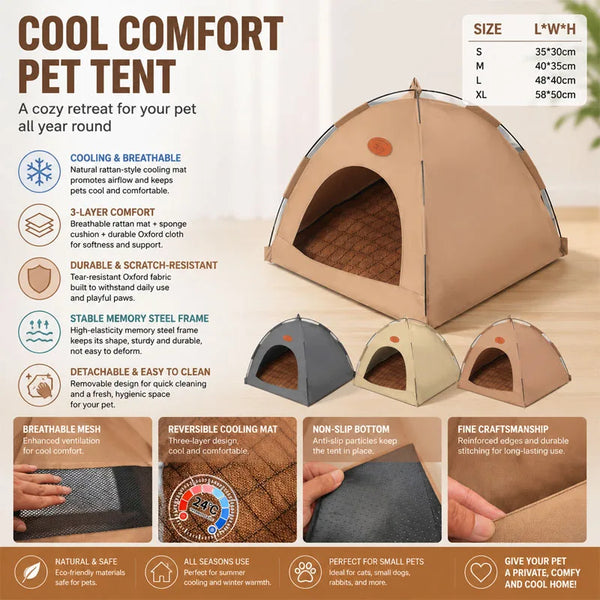 A tan pet tent with a mesh entrance and fabric sides shown in various angles.