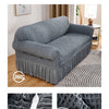 Gray stretch knit sofa cover with bubble lattice texture shown on a sofa and close-ups of the elastic belt and locking proces