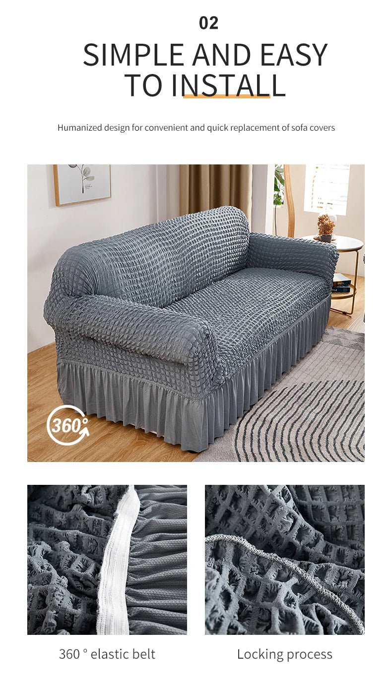 Gray stretch knit sofa cover with bubble lattice texture shown on a sofa and close-ups of the elastic belt and locking proces