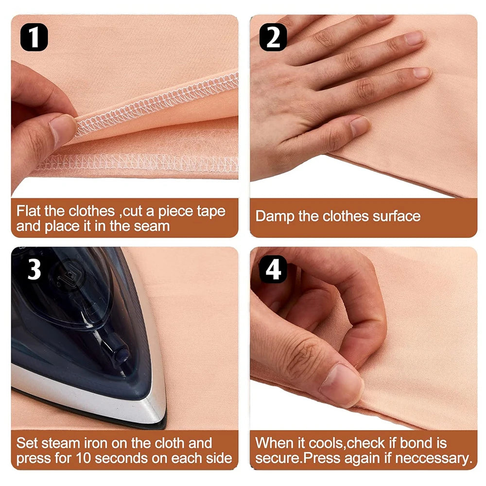 Instructions showing how to use a heavy duty iron-on hemming tape to sew garments.