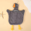A gray cartoon goose hanging hand towel with orange beak and yellow feet.