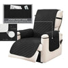 A black storage pocket design slipcover for a recliner sofa with beige trim and anti-slip straps.