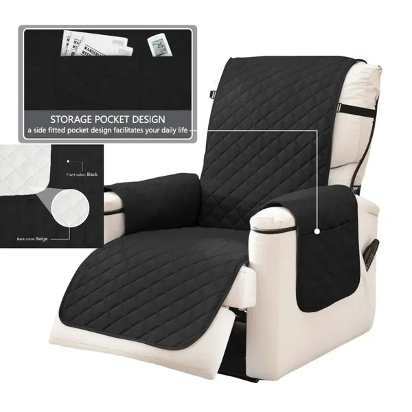 A black storage pocket design slipcover for a recliner sofa with beige trim and anti-slip straps.