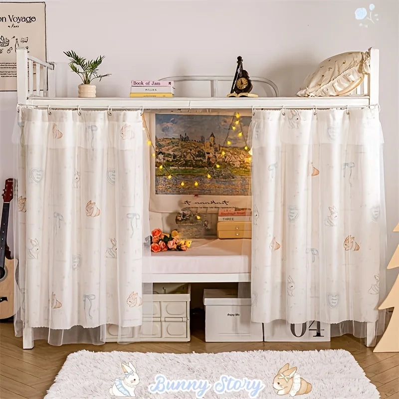 A white double-layer mesh bed canopy with lace trim featuring a wooden headboard and decorative fabric panels.