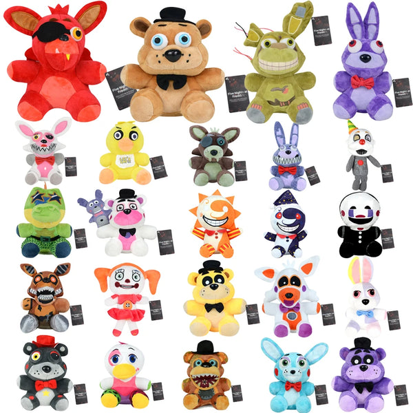 A collection of various cute plush dolls inspired by Five Nights at Freddy's characters including Bonnie and Foxy.