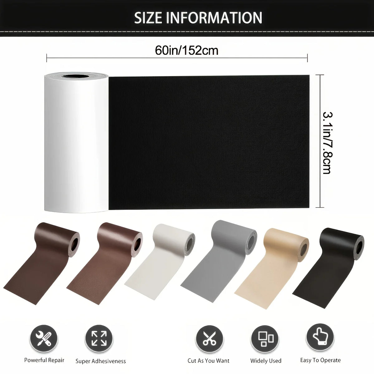 Roll of black self-adhesive leather repair tape with various color options and usage instructions