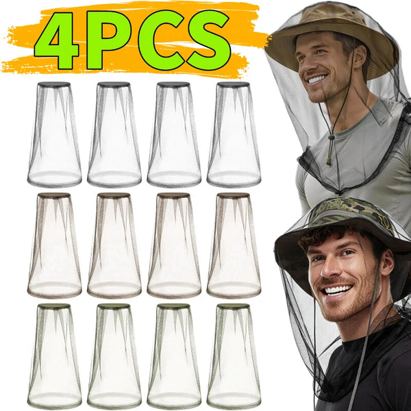 A multi-pack of adjustable mosquito protection fishing hats shown with a man wearing one.