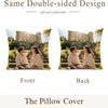 Double-sided pillow covers featuring a photo of a couple in a historic setting, shown from the front and back.