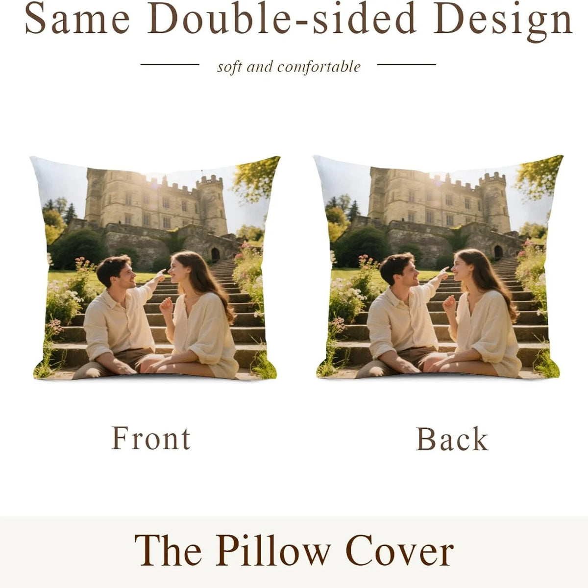Double-sided pillow covers featuring a photo of a couple in a historic setting, shown from the front and back.