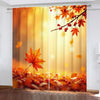 A set of two sheer curtains featuring an autumn maple leaf print with orange and red tones.