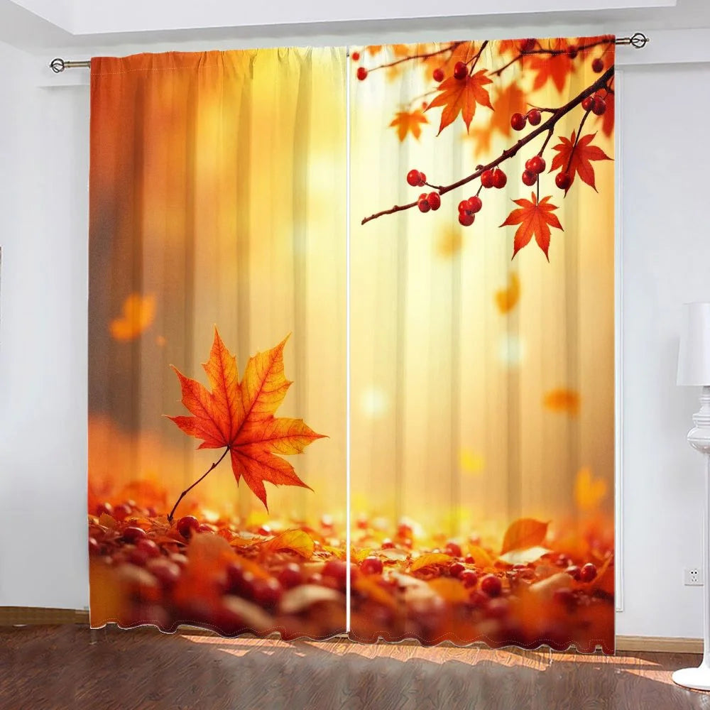 A set of two sheer curtains featuring an autumn maple leaf print with orange and red tones.