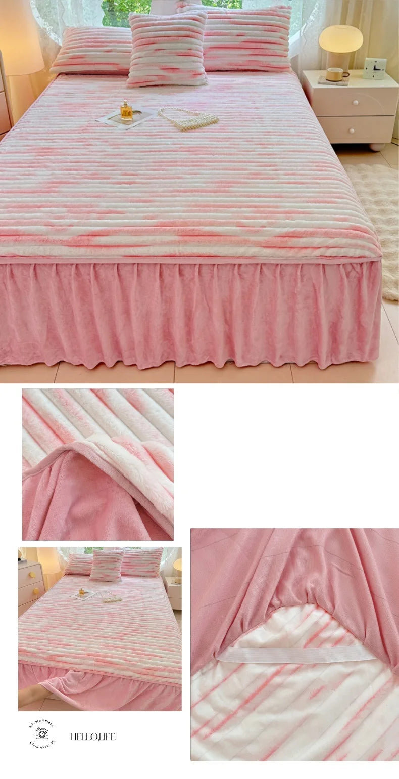 Pink and white striped linen bed skirt set with matching pillows and bedding