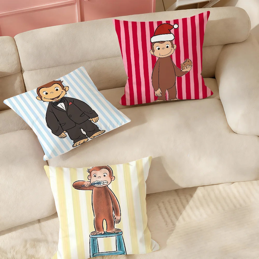 Decorative pillow covers featuring cartoon characters George and Charlie in various festive patterns