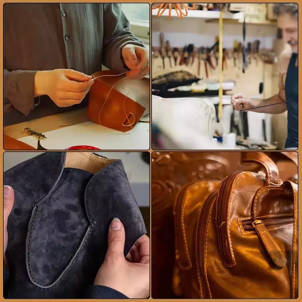 A close-up of a hand sewing leather with waxed thread on a brown leather item.