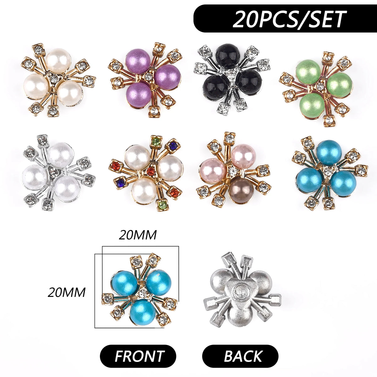 A set of 20 flower-shaped resin button rhinestones in various colors including white, purple, black, green, and blue.