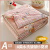 A lightweight summer quilt with a pink and white checkered pattern featuring cartoon animals.