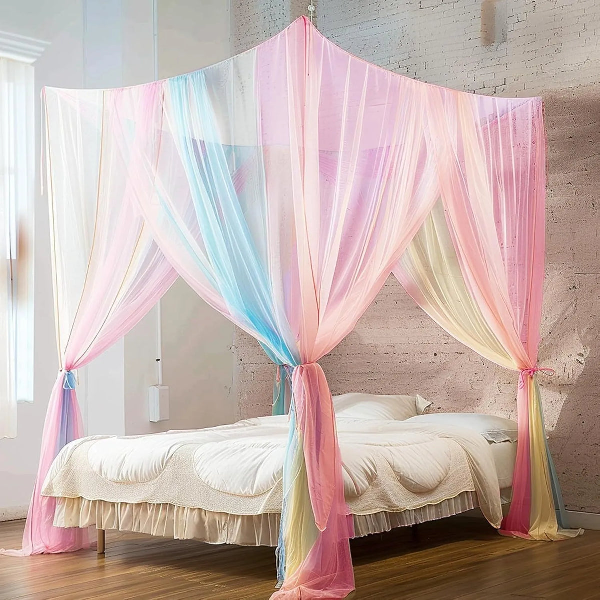 Pink and blue sheer mosquito net curtains draped over a bed frame.