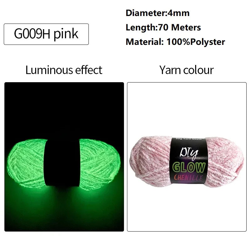 Pink G009H polyester yarn with a luminous glow effect for knitting and crochet
